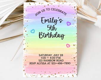 May include: A rainbow-colored invitation with gold glitter for a 5th birthday party. The invitation says "Join us to celebrate Emily's 5th Birthday" with a date and time of Saturday, July 28, 1:00-4:00 PM. The address is 123 Rainbow Road and the RSVP is to Alyssa at 123-456-7890.