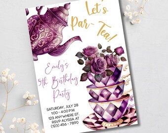 May include: Purple and gold tea party invitation with a teapot and stacked teacups decorated with purple and white checkered patterns. The invitation says "Let's Par-Tea!" and "Emily's 5th Birthday Party".