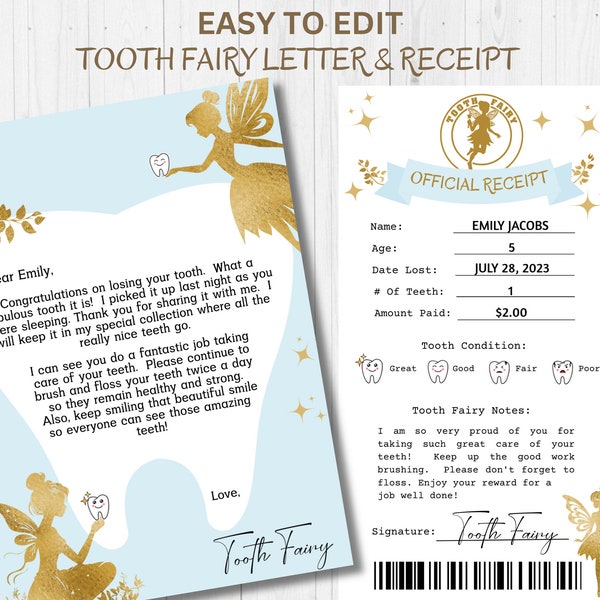 Editable Tooth Fairy Receipt and Letter Tooth Fairy Letter First Tooth Fairy Tooth Fairy Note Tooth Fairy Printable Template Blue Gold