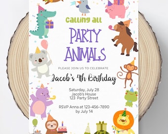 May include: A rectangular birthday invitation card featuring colorful cartoon animals including a crocodile, pig, monkey, and lion wearing party hats. The text reads: Calling all Party Animals, Please join us to celebrate Jacob's 4th Birthday, Saturday, July 28, Jacob's House, 123 Party Street, RSVP Anna at 123-456-7890 by July 14.