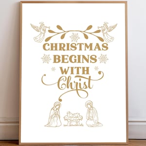 Nativity Scene Christmas Print: Gold Lettering Christian Wall Art (Digital Download)