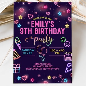 Editable Neon Rainbow Birthday Invitation: Tween Teen Party (Digital Download)