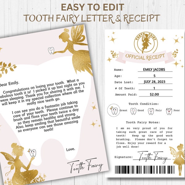 Editable Tooth Fairy Receipt and Letter Tooth Fairy Letter First Tooth Fairy Tooth Fairy Note Tooth Fairy Printable Template Blush Gold