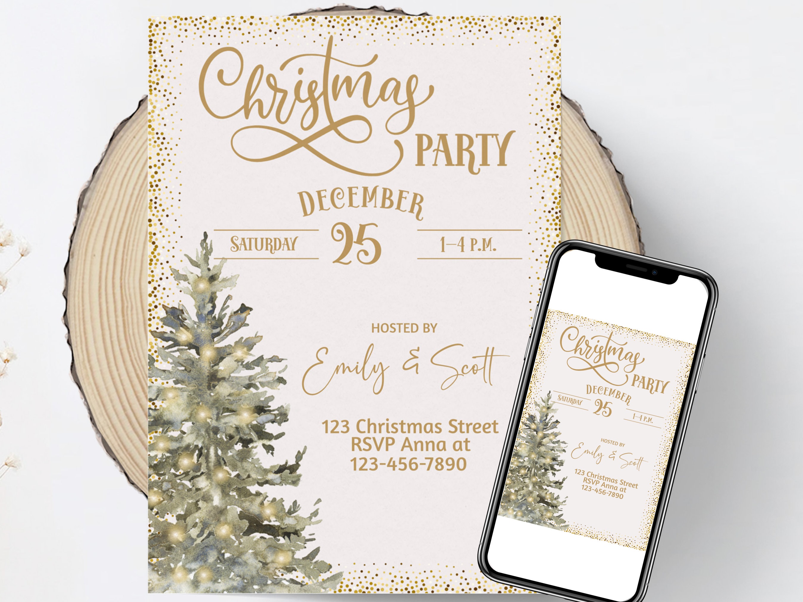 Gold Glitter Christmas Party Invitation: Editable Printable Template (Instant Download)