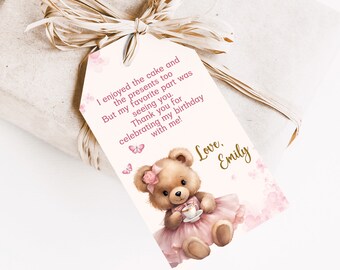 Teddy Bear Tea Party Favor Tags: Pink Birthday Thank You Cards (Digital Download)