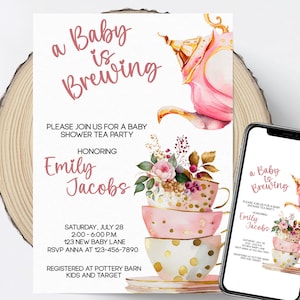 Invitation baby shower tea party : invitation fille modifiable (téléchargement numérique)