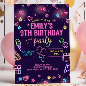EDITABLE Neon Rainbow Birthday Invitation,Any Age, Tween Teen Party Invite,Instant Digital Download, Colorful Girl's Party, Hearts and Stars