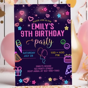 EDITABLE Neon Rainbow Birthday Invitation,Any Age, Tween Teen Party Invite,Instant Digital Download, Colorful Girl's Party, Hearts and Stars