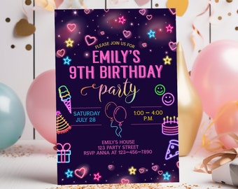 EDITABLE Neon Rainbow Birthday Invitation,Any Age, Tween Teen Party Invite,Instant Digital Download, Colorful Girl's Party, Hearts and Stars