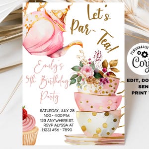 Editable Tea Party Invitation, Pink Teacup Floral Invite, Gold Glitter Tea Pot Birthday Invitation, Edit in Corjl, Printable or E-Vite