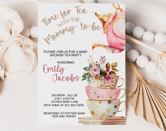 Editable Tea Party Baby Shower Invitation Template, Party Invitation, Tea with Mommy-to-be Invite, Girl Digital Printable Instant Download