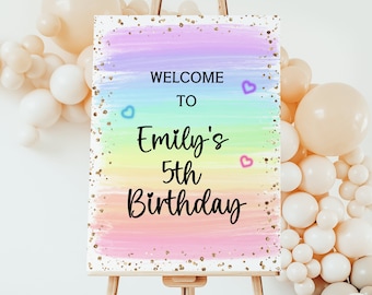 Rainbow Birthday Welcome Sign Template Editable Colorful Pastel Birthday Easel Sign Printable Watercolor Birthday Party Decor Poster Hearts