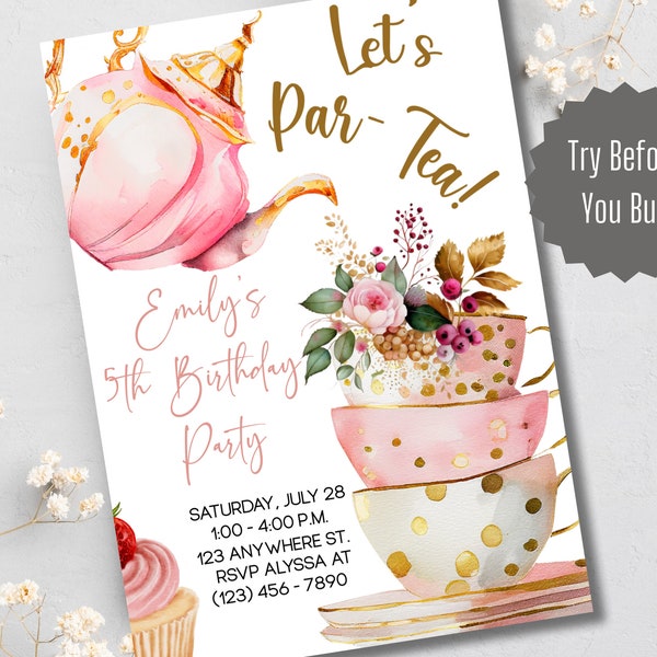 EDITABLE Tea Party Birthday Invitation,Pink and Gold Par-tea Invite Template,Whimsical Tea Party,High Tea Floral,Instant Download,Alice