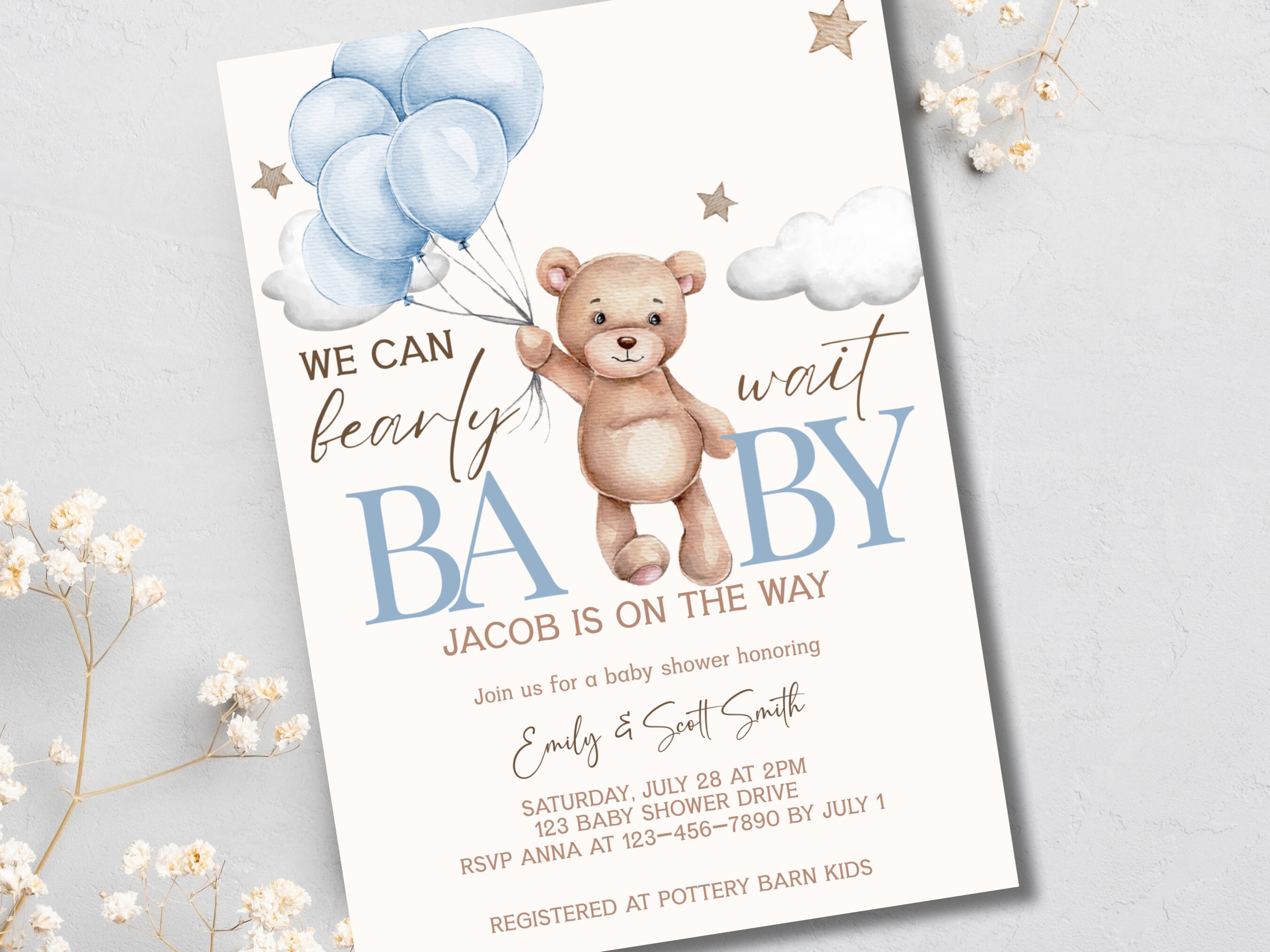 Bear Balloons Baby Shower Invitation Template We Can Bearly Wait Boy ...