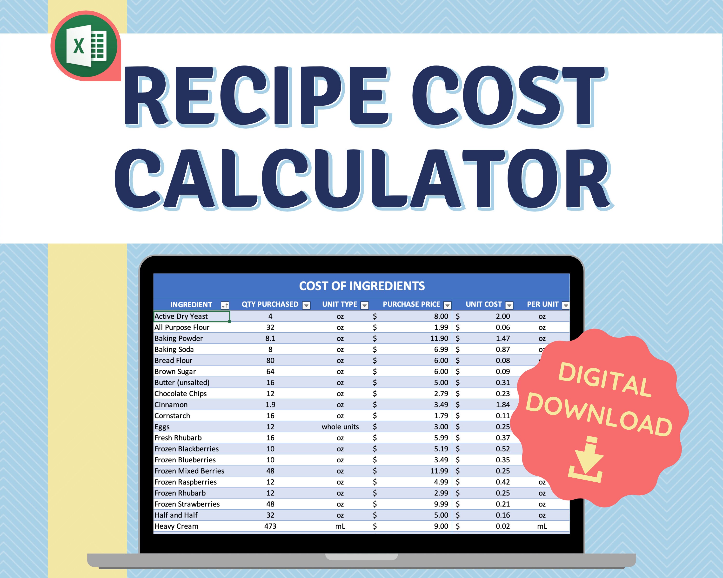 Excel Template Recipe/Baked Goods Cost Calculator Profit Etsy