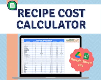 Op de afbeelding: Een laptopscherm dat een Google Sheets-spreadsheet weergeeft met een receptkostencalculator. De spreadsheet bevat kolommen voor ingrediënt, hoeveelheid, eenheidstype, aankoopprijs, eenheidskosten en per eenheid. De spreadsheet bevat ook een sectie voor uurtarief en winstmargepercentage. De spreadsheet is getiteld "Kosten van ingrediënten".