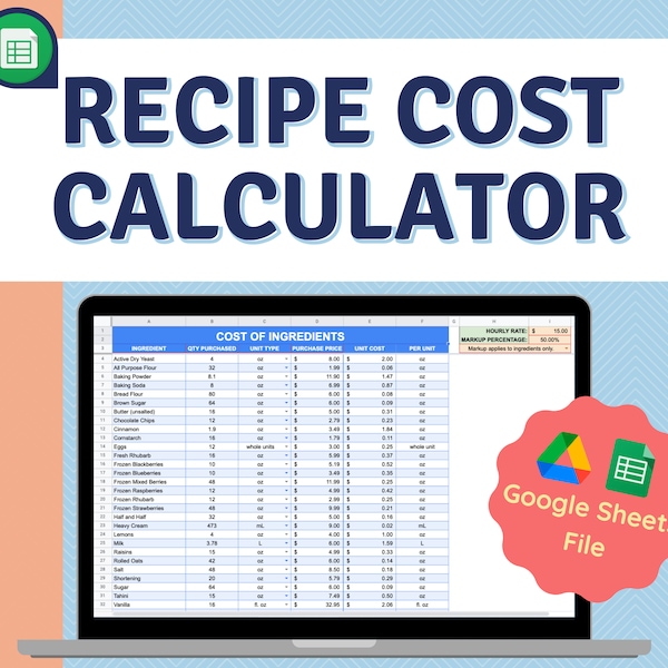 Google Sheets | Recipe/Baked Goods Cost Calculator | Profit Margin Spreadsheet