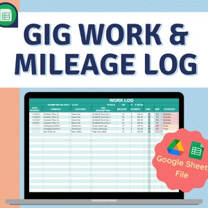 Może przedstawiać: Ekran laptopa wyświetlający arkusz kalkulacyjny Google Sheets zatytułowany „Dziennik pracy”. Arkusz kalkulacyjny służy do śledzenia przepracowanych godzin, przejechanych kilometrów i płatności. Arkusz kalkulacyjny jest podzielony na kolumny dla daty pracy, firmy, lokalizacji, opisu pracy, sumy, przejechanych kilometrów, płatności, zapłaconych kwot, pracownika i kategorii.