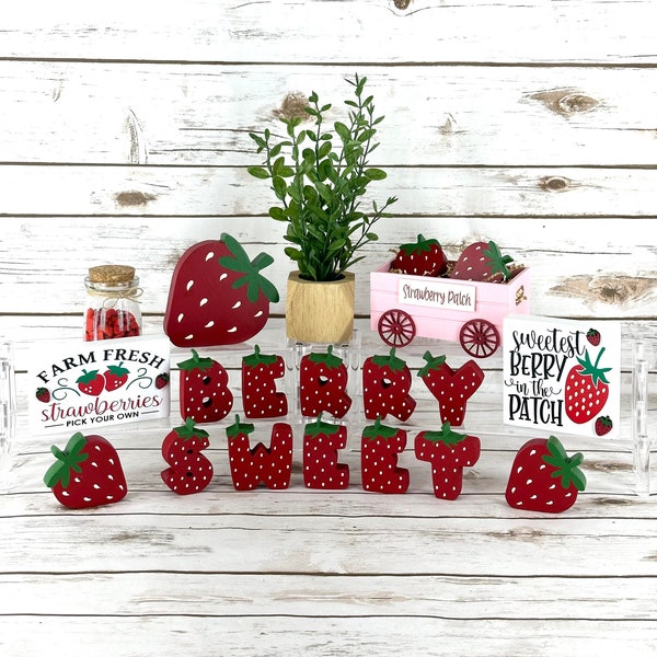 Strawberry Tiered Tray Decor, Strawberry Wood Decor, Chunky strawberries, Strawberry Cart, Strawberry sign, Kitchen Decor, Summer Decor