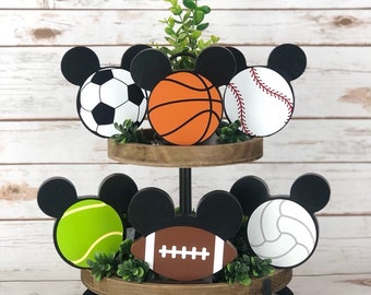 Disney Inspired Sports Balls, Mickey Sports, Disney Tiered Tray, Mickey Baseball, Mickey Football, Mickey Basketball, Mickey Decor