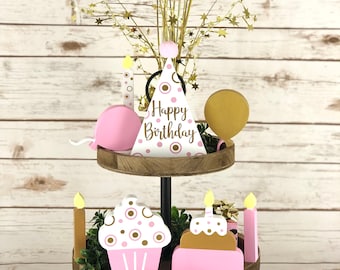 Birthday Tiered Tray Decor, Birthday Decor, Pink and Gold Birthday