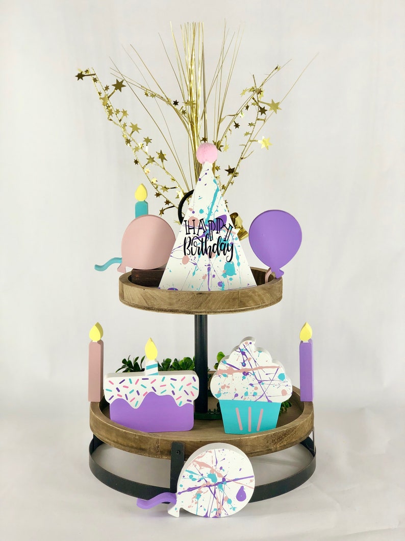 Birthday Tiered Tray Decor Birthday Decor Birthday Hat Etsy