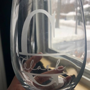 Custom | Personalized | Stemless Wine Glass | Etched Glass | Last Name | Initial