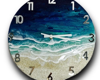 Può includere: Un orologio rotondo con una scena di spiaggia. Il quadrante dell'orologio è bianco con numeri neri e lancette argentate. Lo sfondo rappresenta un oceano blu e verde con onde bianche che si infrangono su una spiaggia sabbiosa.
