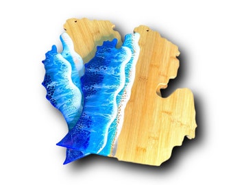 Lake Blue Waves on Michigan Lower Peninsula Serving Board | Charcuterie Board | Cutting Board | Hanging Wall Decor | Resin Art | Beach Decor