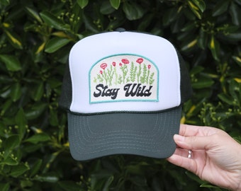Stay Wild Trucker Hat: Embroidered Patch, Green Foam Front