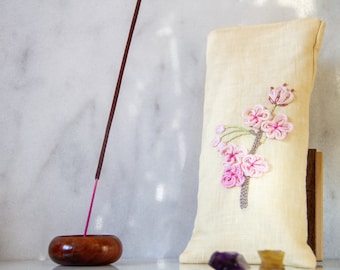 Linen Weighted Eye Pillow, Soothing Linen Heat Pack, Mothers Day Gift, Linen Eye Mask, 3D Flower Embroidery, Japanese Sakura, Cherry Blossom