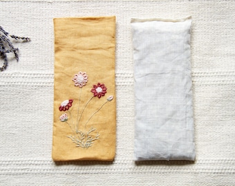 Linen Weighted Eye Pillow,  Linen Eye Pillow, August Birth Month Gift, Mother's Day Gift, Dahlia Flower Embroidery, French Lavender Filling