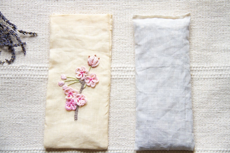 Linen Weighted Eye Pillow, Soothing Linen Heat Pack, Mothers Day Gift, Linen Eye Mask, 3D Flower Embroidery, Japanese Sakura, Cherry Blossom image 3