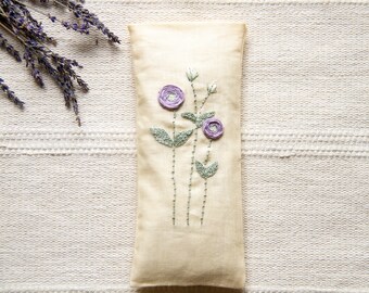 Linen Weighted Eye Pillow, Linen Heat Pack, Mother's Day Gift, February Birth Month, 3D Flower Embroidery, Purple Violet Floral Embroidery