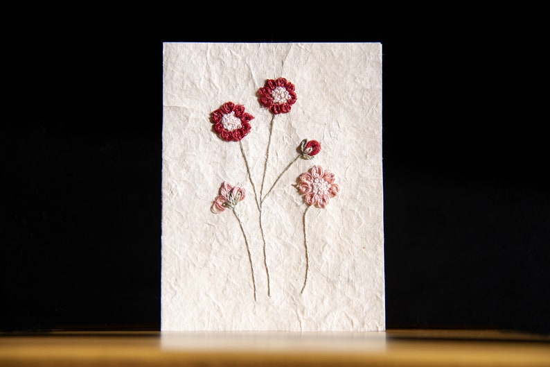 Hand Embroidered A7 Size Greeting Card with Envelope Handmade Blank Cards Nepali Lokta paper card Zero Waste Valentine's Day Card image 1