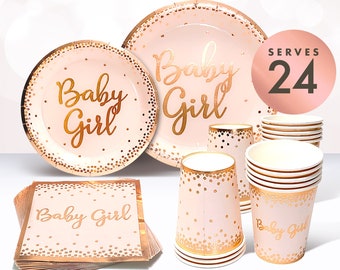Baby Shower Plates and Napkins for Girl Rose Gold Decorations with Paper Plates Cups Tableware Set Gender Reveal Party Supplies Birthday