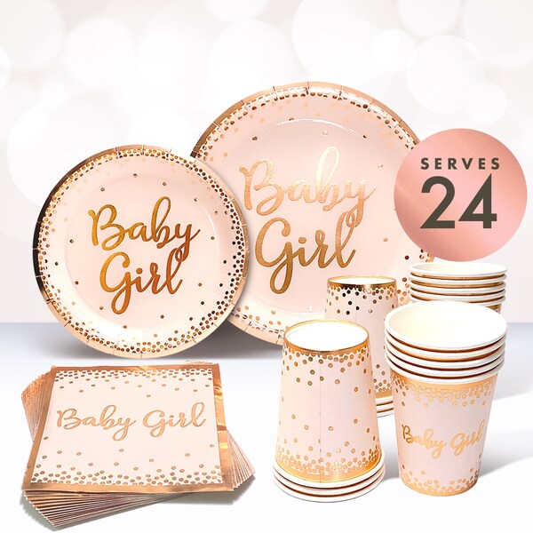 Baby Shower Plates and Napkins for Girl Rose Gold Decorations with Paper Plates Cups Tableware Set Gender Reveal Party Supplies Birthday