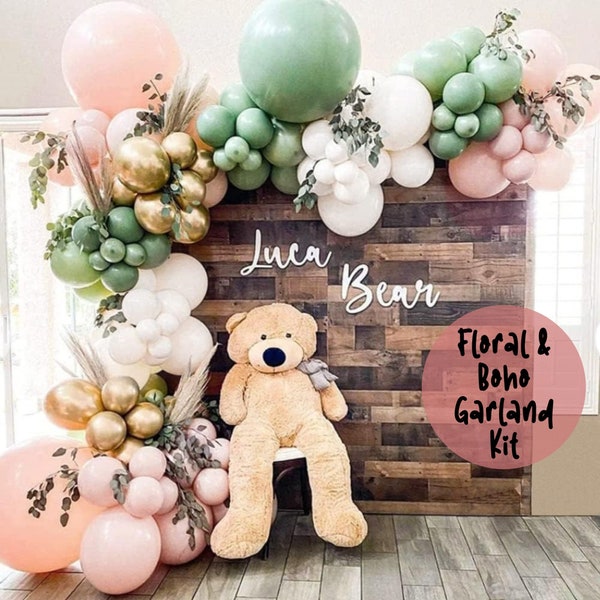 Sage Green and Pink Balloon Garland Kit Natural Arch Kit for Boho Bridal Shower Party, Tropical Theme Baby Shower, Birthday Party Backdrop