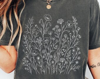 Vintage Wildflower Comfort Colors® T-Shirt, Retro Floral Line Art Tee