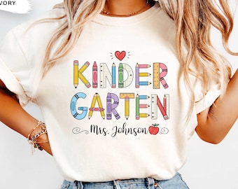 Personalized Kindergarten Teacher Shirt, Custom Teacher Name Tee, Back to School Teacher Gift, Pencil Letter T-Shirt, Cute Educator