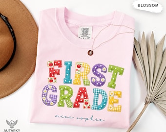 Peronalized First Grade Teacher Shirt, Custom Teacher Name Tee, Back to School Gift, Comfort Colors 1717, Cute Educator Apparel, Women Tees