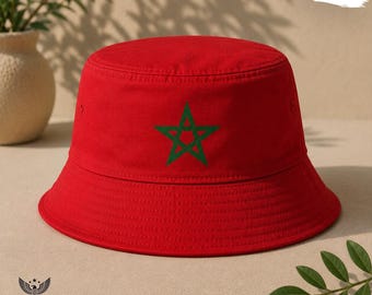 World Cup Morocco Bucket Hat, DTF Printed Morocco Flag Bucket Cap, Red Moroccan Star Sun Hat, Soccer Fan Gift, Unisex ravel Fisherman Hat