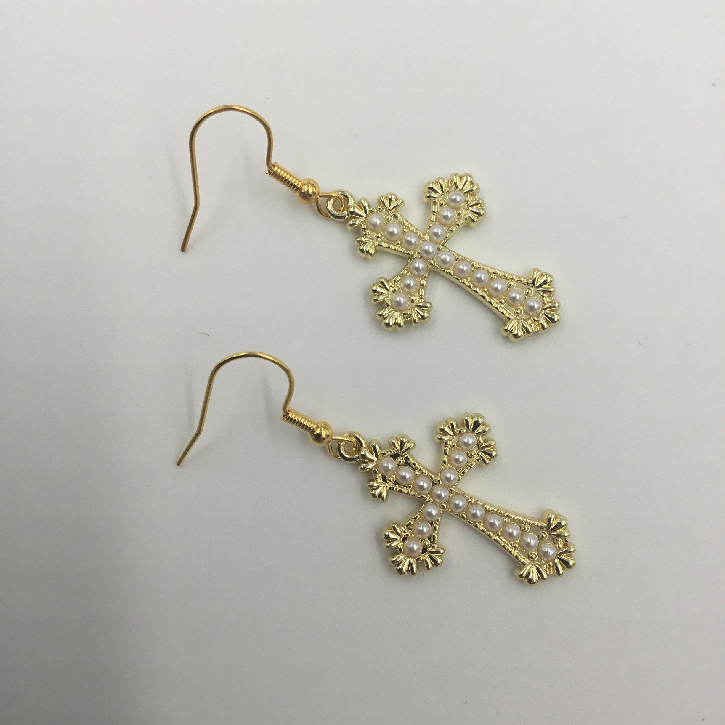 Gold Cross Earrings Pearl Accent Earrings Catholic Earrings Etsy