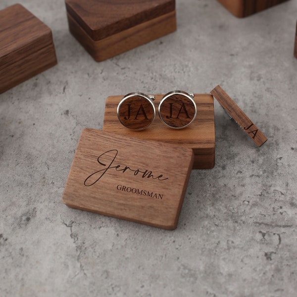 Personalized Wood Cufflink and Tie Clip Set Custom Groomsmen Cufflinks Set Storage with Name Cufflinks Tieclip Bachelor Party Gift