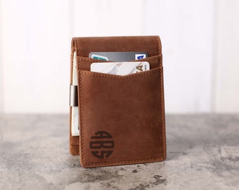 Mens Leather Money Clip Personalized, Slim wallet with money clip, Leather Money Clip Gifts for Men Gift for Husband, Thin Wallet for men