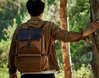 Personalized Waxed Canvas Backpack, Outdoor Rucksack, Canvas Travel Knapsack, Leather Laptop Backpack, Hiking Camping Backpack, Gift for Him
