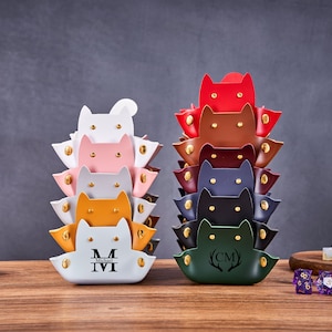 Engraved Leather Tray, DND Dice Tray, Dungeons and Dragons, Personalized Roll Tray, Cat Shape Valet Catchall Tray, Flat Pack Multiple Colors