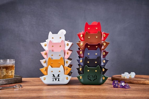 Engraved Leather Tray, DND Dice Tray, Dungeons and Dragons, Personalized Roll Tray, Cat Shape Valet Catchall Tray, Flat Pack Multiple Colors