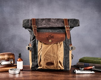 Waxed Canvas Backpack Waterproof Camping Backpack Handmade Hiking Backpack Custom Leather Canvas Backpack School Backpack Gifts for Him