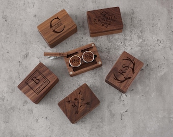 Boutons de manchette en bois gravés avec boîte cadeau carrée, boutons de manchette du jour du mariage Père du marié Mariés, Meilleur homme, Cadeau du 5e anniversaire